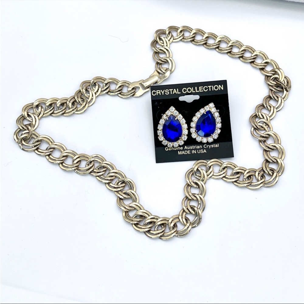 Beautiful Gold Link Chain Necklace & NWT Blue+Clear Rhinestone Teardrop Earrings